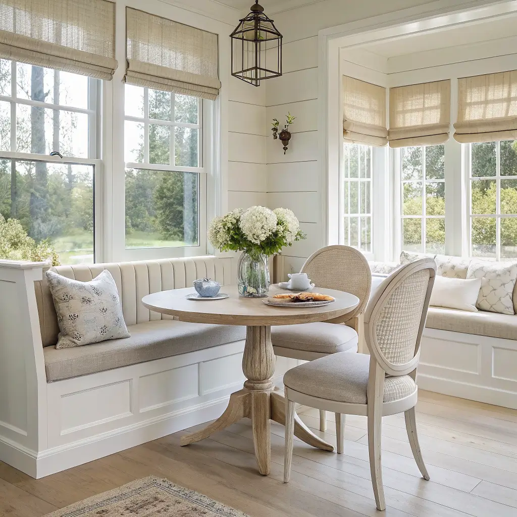 Photorealistic coastal breakfast nook with sand-colored banquette, round bleached oak table, white slipcovered chairs, shiplap wall, morning light through windows, and simple tabletop décor.
