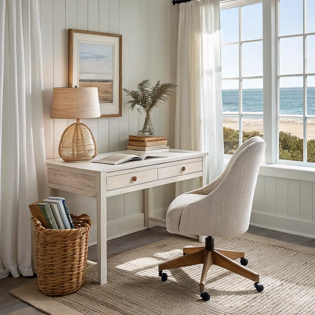 Sunlit coastal home office corner with white oak desk, linen chair, brass lamp, rattan tray with mug and books, coral accent, jute rug, and abstract watercolor on a Sea Salt wall.