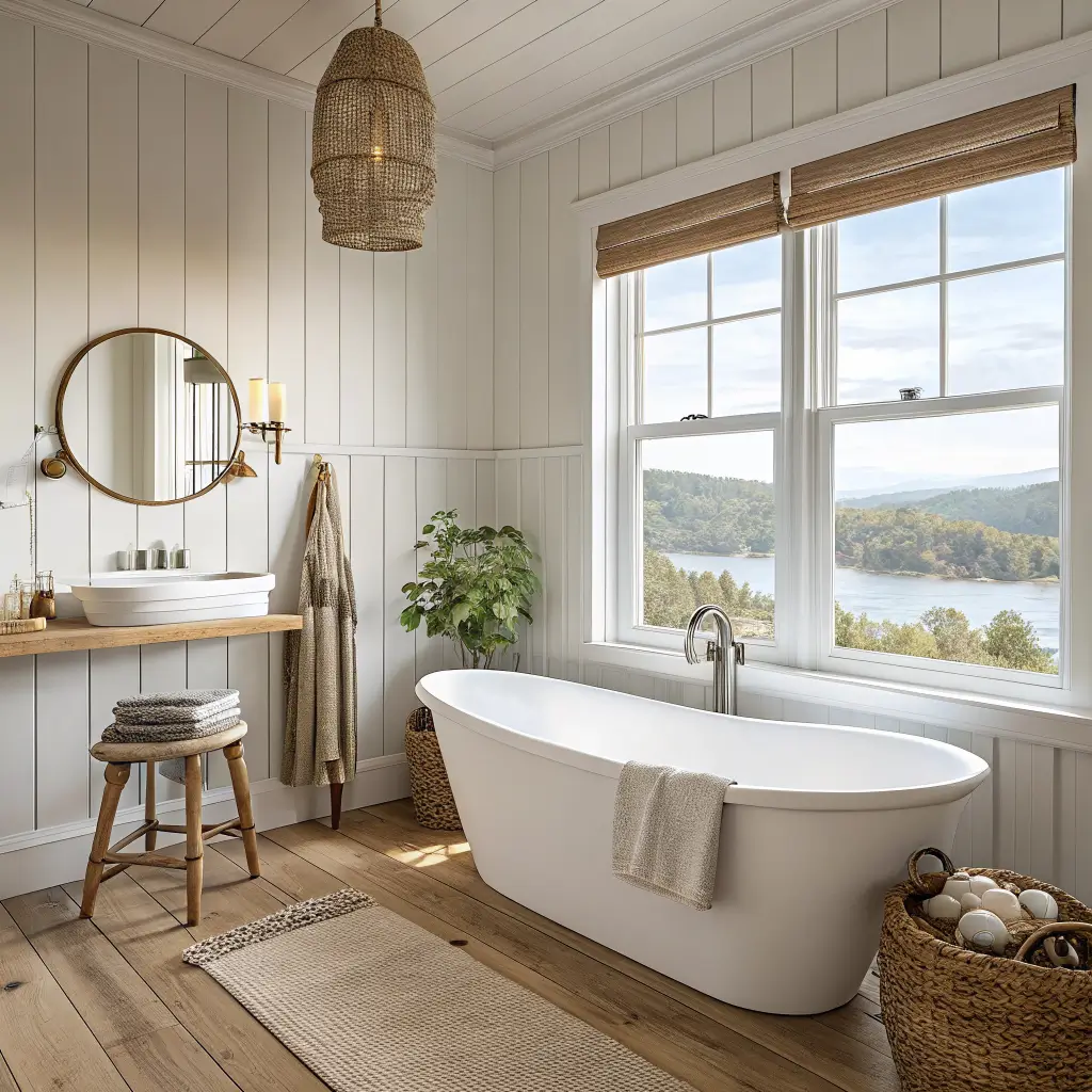 Photorealistic coastal bathroom with a white soaking tub, pale oak accent wall, seagrass stool with folded ivory towel, brass sconce, and eucalyptus on a frosted window sill in soft daylight.