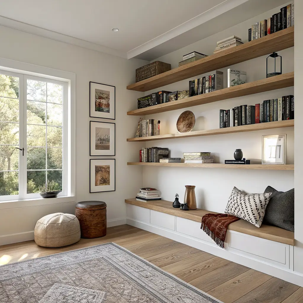 Photorealistic quiet study corner with L-shaped light oak floating shelves on an alabaster wall, styled books and ceramics, trailing pothos, and a camel bouclé pouf on an oatmeal-and-rust flatweave rug in soft morning window light.