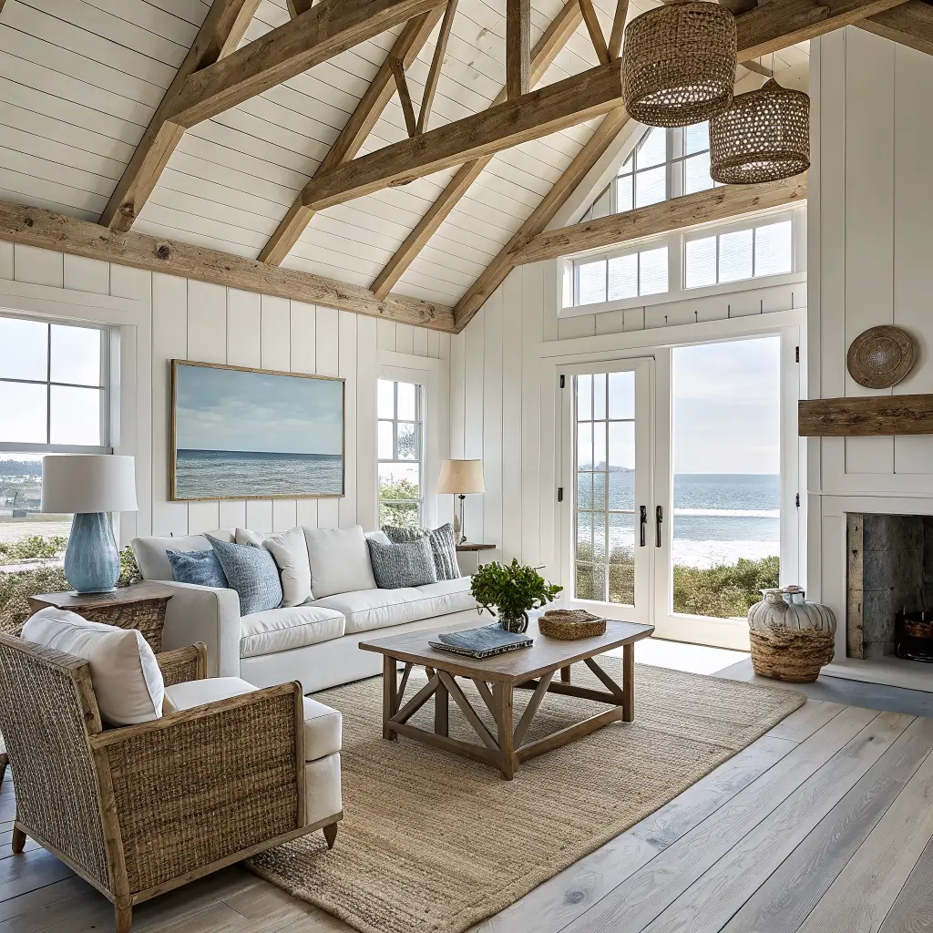 Photorealistic rustic coastal living room with shiplap walls, exposed oak beams, linen sofa, jute rug, and morning sun through gauzy curtains.
