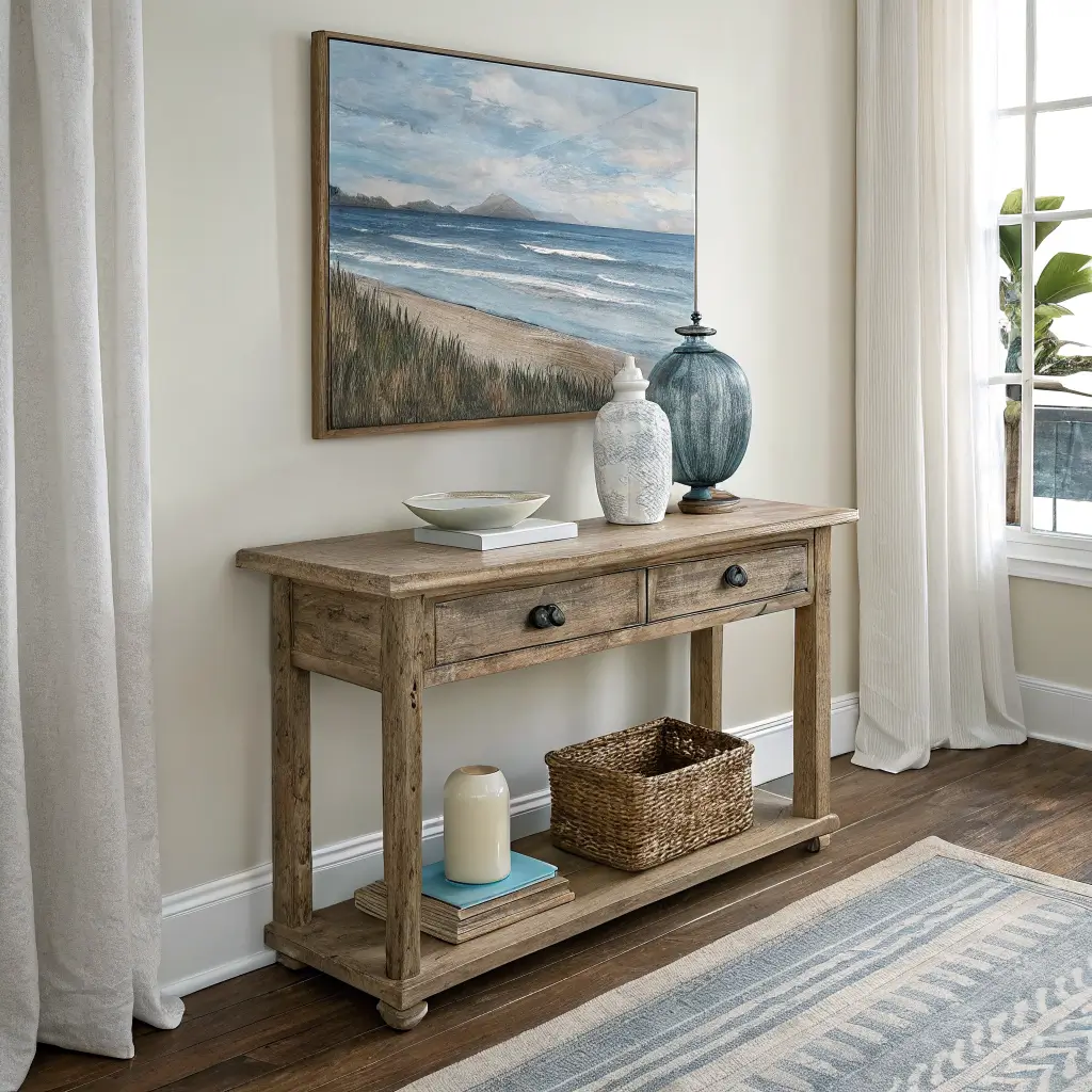 Close-up of a rustic coastal console vignette with ceramic vase, driftwood, blue-and-white ginger jar, and linen runner beneath an abstract seascape in soft morning light.