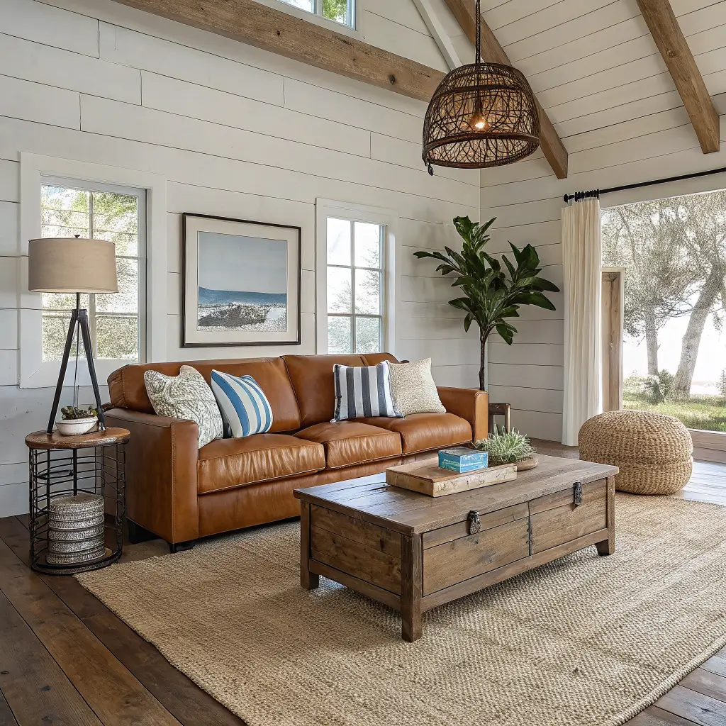 Photorealistic coastal living room with a cognac leather sofa, reclaimed wood coffee table on a large jute rug, rattan pendant, and distressed oak sideboard in warm golden light.