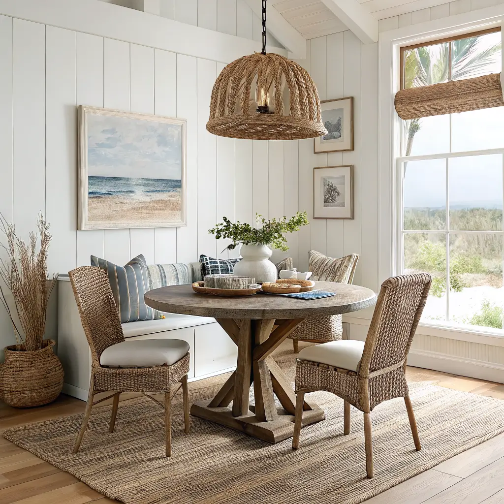 Photorealistic rustic coastal dining nook with round reclaimed oak table, mixed rattan chairs and wood bench, rope-and-rattan pendant, ginger jar centerpiece, seabird grasses bowl, jute rug, and linen curtains in warm late-afternoon light.