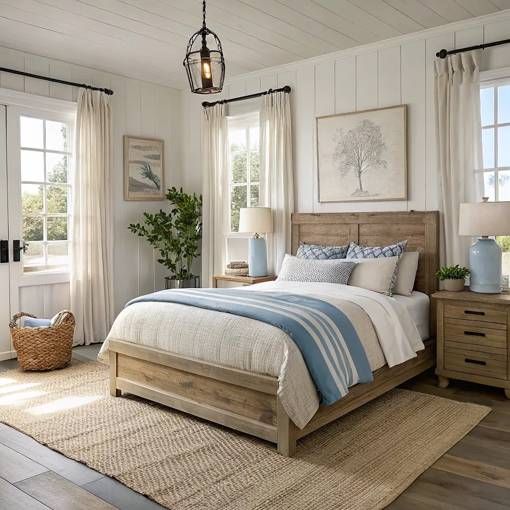 Photorealistic rustic coastal bedroom with weathered oak bed, oatmeal linen bedding, jute rug, mismatched nightstands, soft morning light, and abstract seascape art.