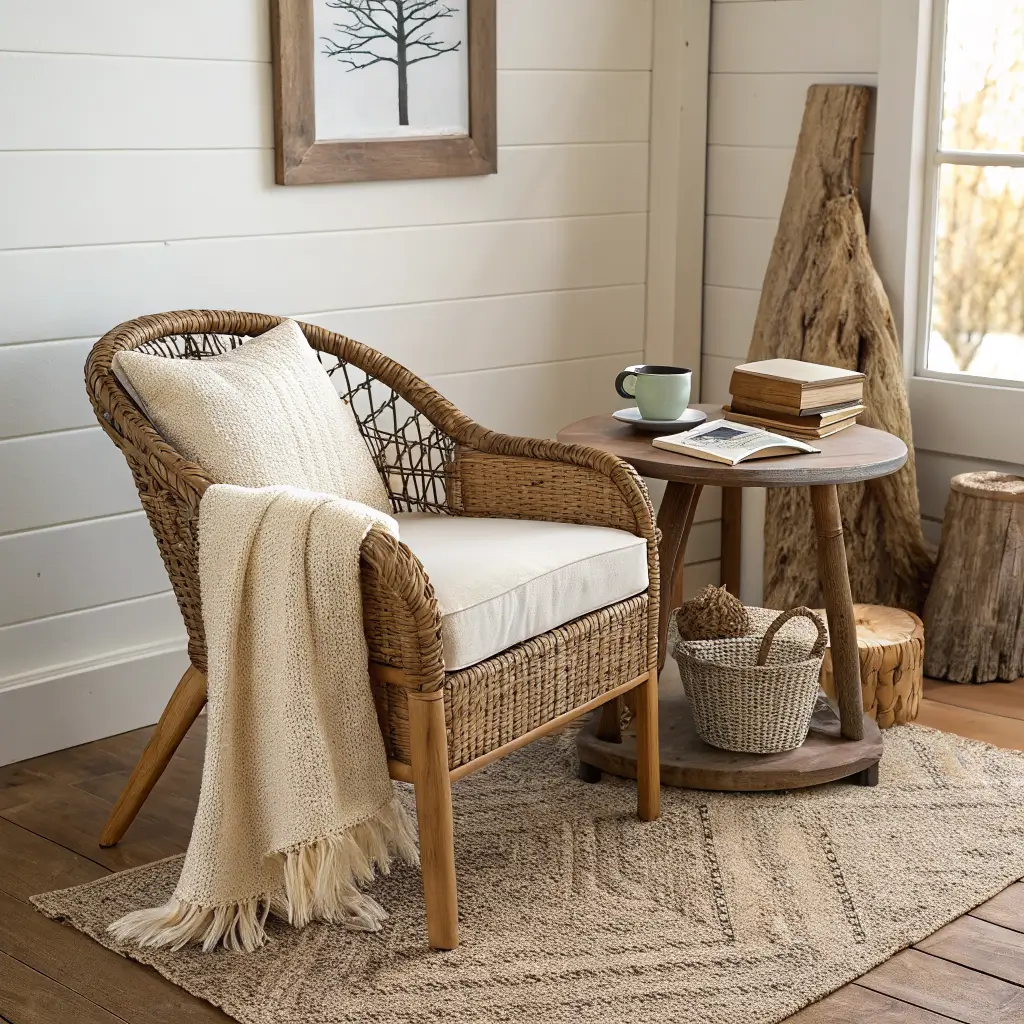 Low-angle photorealistic reading corner with rattan chair, linen cushion, reclaimed wood table, ceramic mug, books, jute rug, wool throw, and shiplap wall in soft window light.