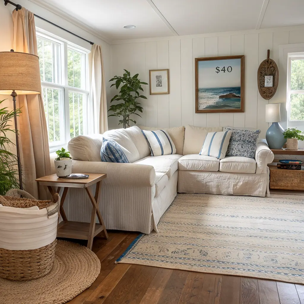 Photorealistic rustic coastal living room with oatmeal slipcovered sofa, cream and blue striped pillows, jute rug, reclaimed wood coffee table, woven basket, rattan chair, and horizon print in soft afternoon light.