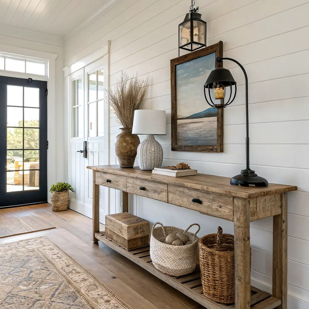 Photorealistic rustic coastal entryway with warm white shiplap, distressed oak console, sea oats in stoneware vase, abstract seascape, black framed mirror, mixed wood accents, jute runner, and sheer linen curtain.