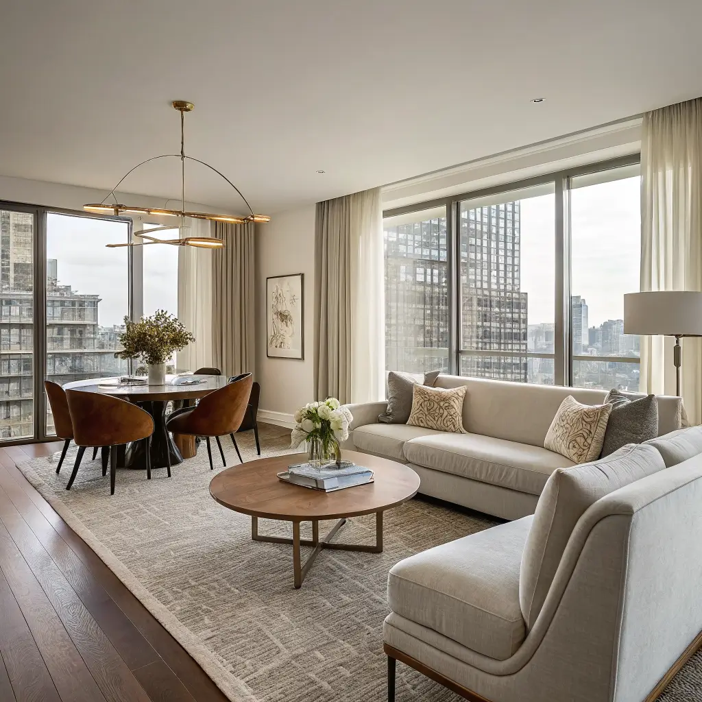Photorealistic open-plan condo living-dining area with cream curved sofa on greige rug, walnut oval coffee table, round travertine dining table under brass pendant, linen drapes, warm afternoon sunlight.