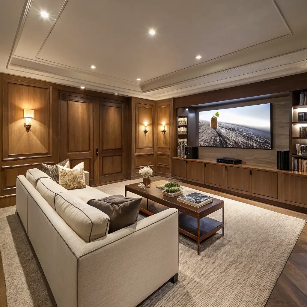 Photorealistic condo media room with warm white oak millwork, curved bouclé sectional, taupe rug, walnut coffee table decor, and dim cinematic lamplight with espresso velvet drapes.