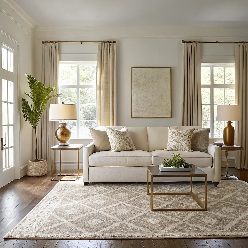 Photorealistic budget-friendly living room with cream sofa, warm greige 9x12 rug, oatmeal linen curtains, brass-based ceramic lamps, abstract olive-and-cream art, and travertine coffee table in golden afternoon light.