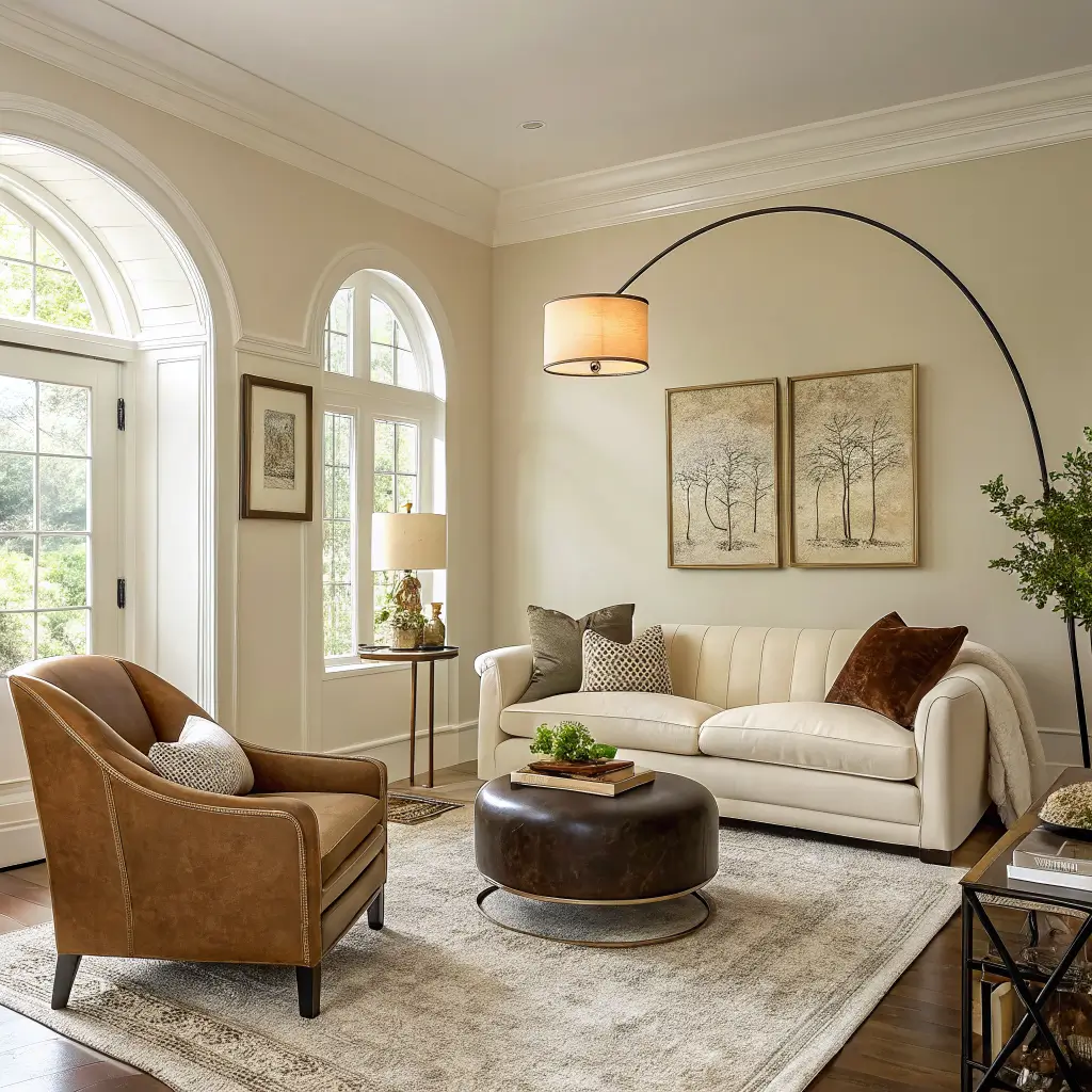 Photorealistic warm neutral living room with cream bouclé sofa, espresso leather chair, muted olive ottoman, travertine coffee table, brass floor lamp, and oatmeal linen drapes in soft morning light.
