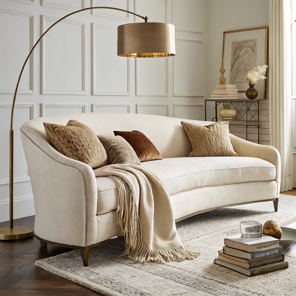 Close-up of a curved cream linen sofa with layered neutral pillows, a chunky wool throw, warm greige rug, and brushed brass floor lamp in late afternoon sunlight.