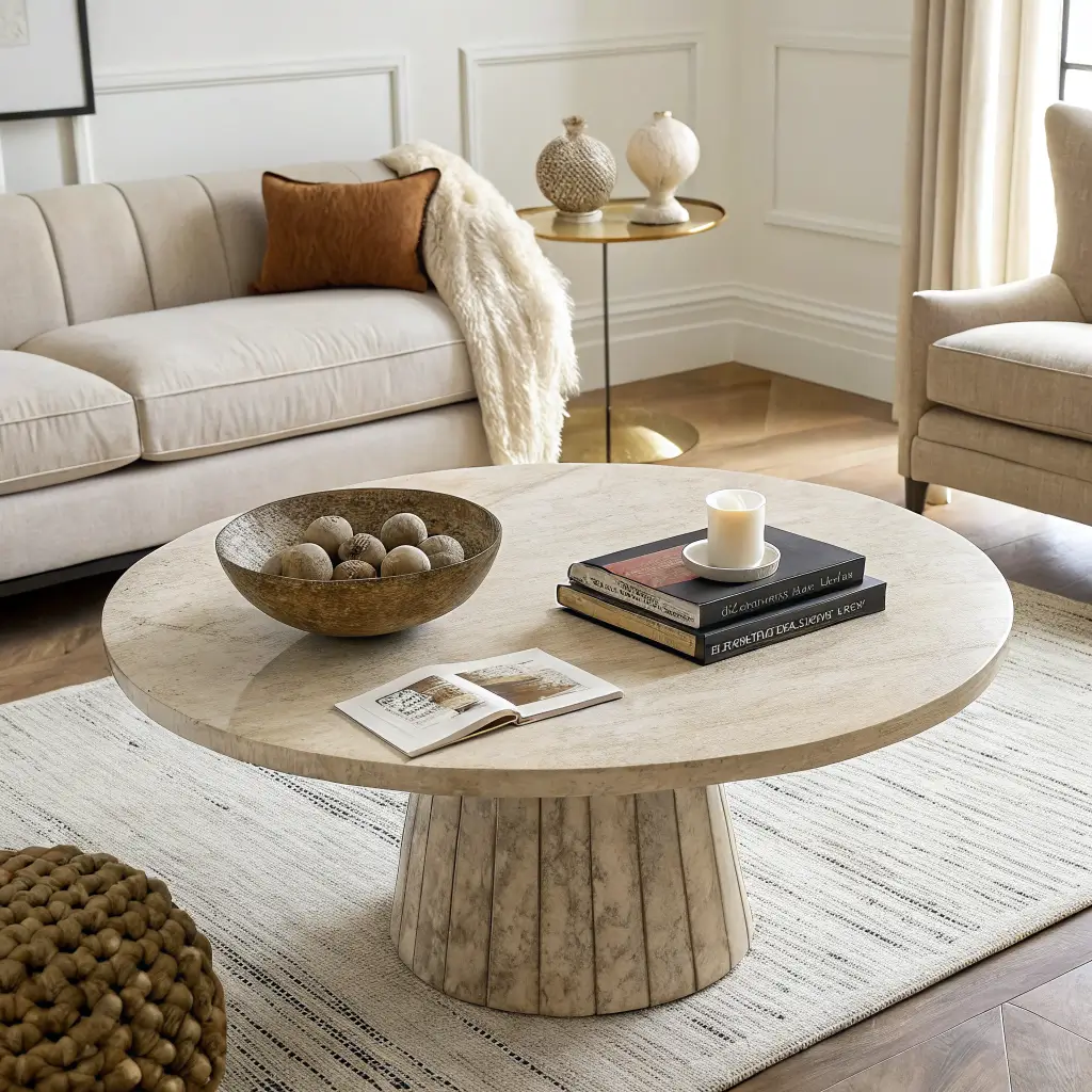 Overhead 45-degree view of a round travertine pedestal coffee table styled with a stone bowl of ceramic spheres, two cream art books, and a brass taper candle on a warm greige rug in a quiet luxury living room.