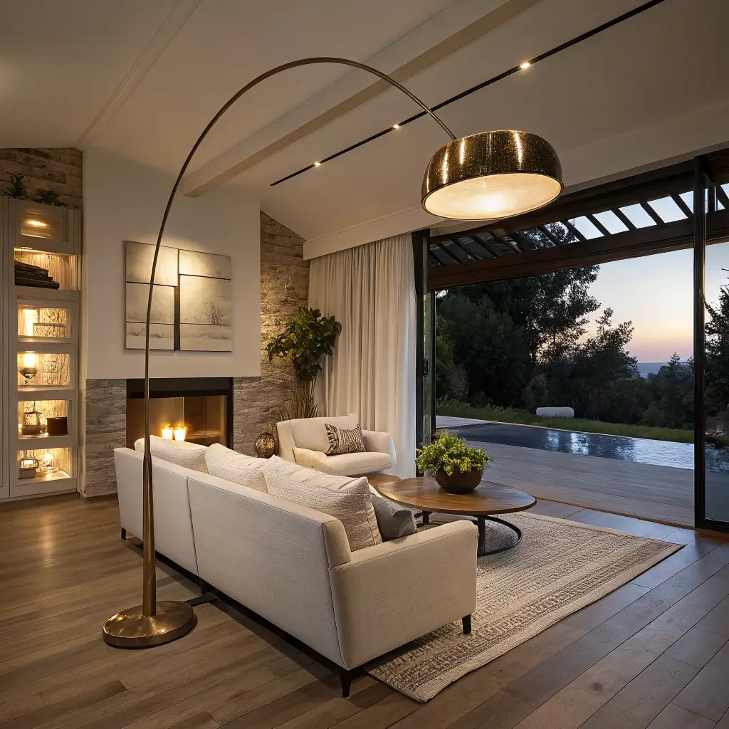 Photorealistic dusk living room corner with cream bouclé curved sofa under a brushed brass arched floor lamp, glowing table lamp and pendant chandelier, linen drapes on white oak floors, greige rug and travertine coffee table, warm ambient shadows.