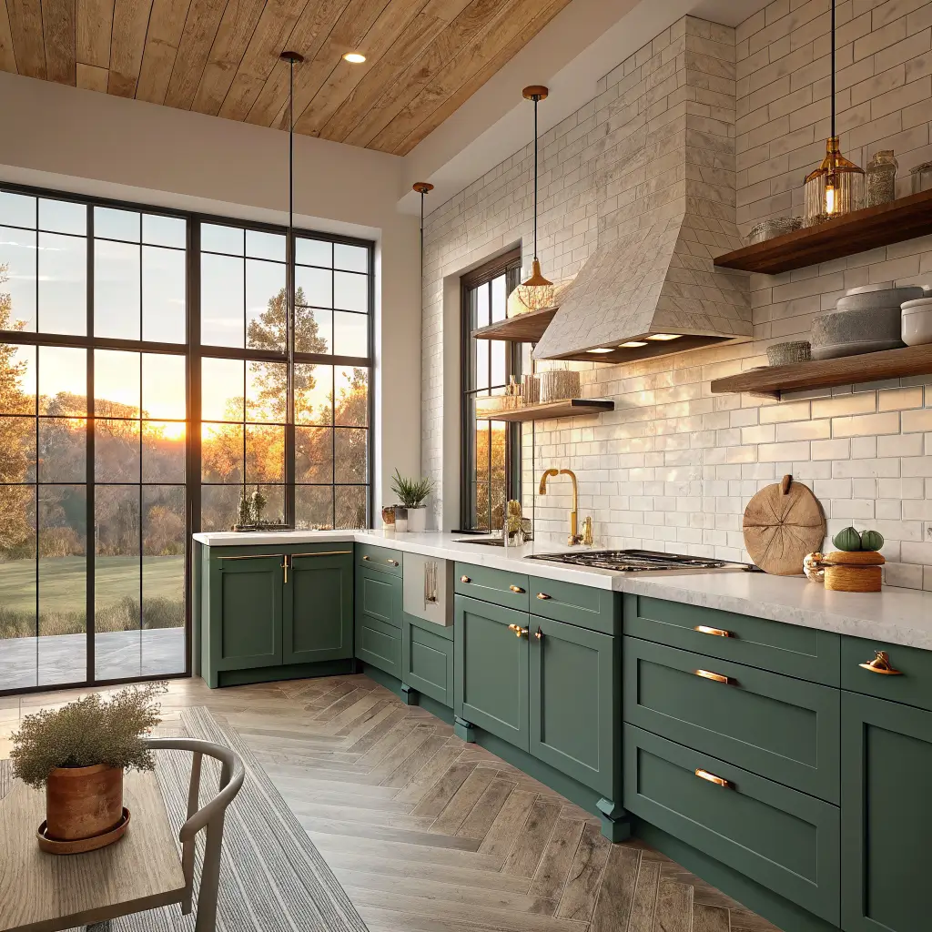Sunlit modern kitchen with deep olive Shaker cabinets, white quartz counters, white oak shelves, brass hardware, teal pendants over a butcher block island, and oak herringbone floor.