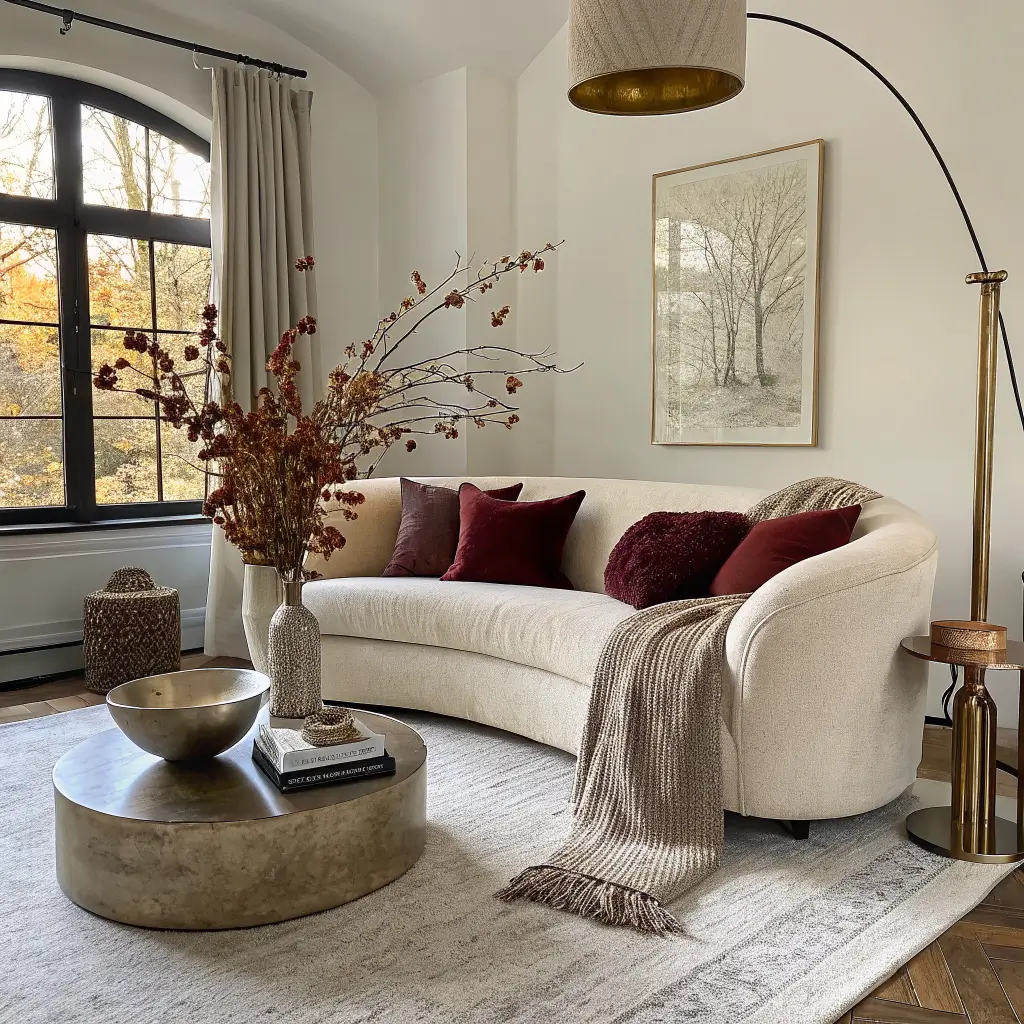 Photorealistic fall-winter living room with cream bouclé sofa, burgundy and espresso pillows, wool throw, travertine coffee table with dried eucalyptus and candle, brass floor lamp, greige rug, and warm autumn light.