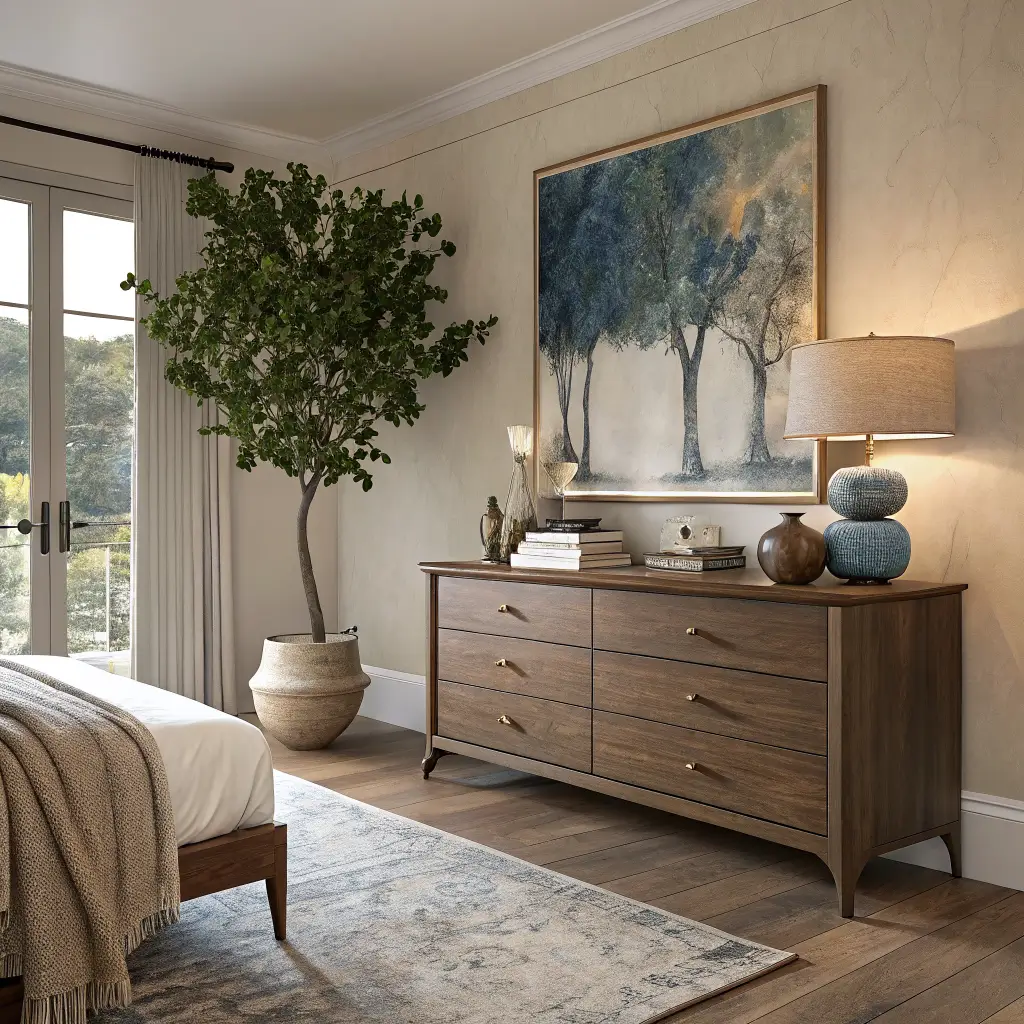 Sunlit corner of a modern-classic luxurious bedroom with pale oak walls, walnut dresser, large ink-blue abstract art, olive tree in a stone planter, and warm brass picture light.