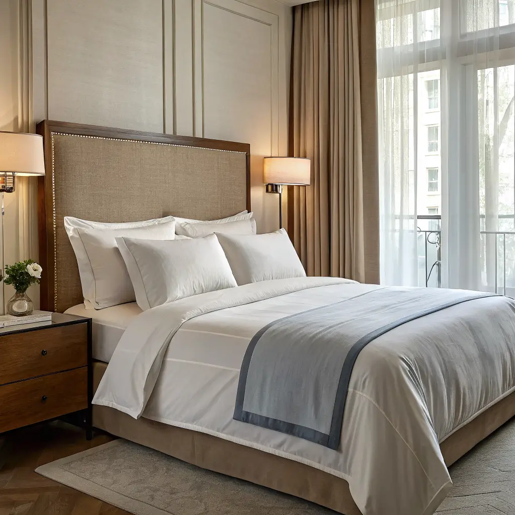 Photorealistic close-up of a hotel-style king bed with crisp white sheets, greige linen duvet, bouclé channel headboard, neutral pillows, ink-blue lumbar pillow, taupe mohair throw, and warm brass sconce in soft morning light.