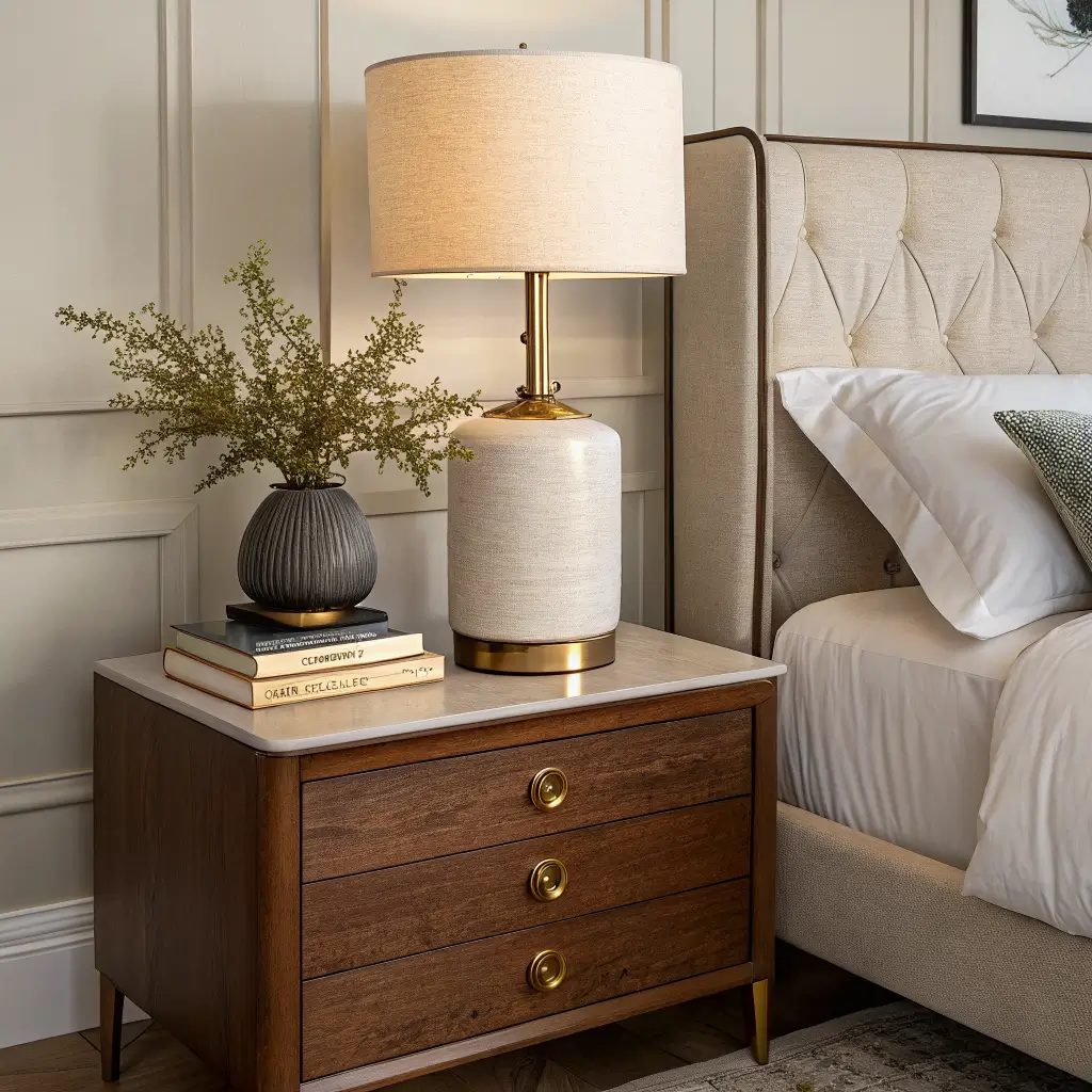 Photorealistic walnut nightstand with brass knobs beside a bouclé headboard, lit by a warm ceramic lamp, two linen books, and a stone vase with an olive branch in a serene luxury bedroom at dusk.