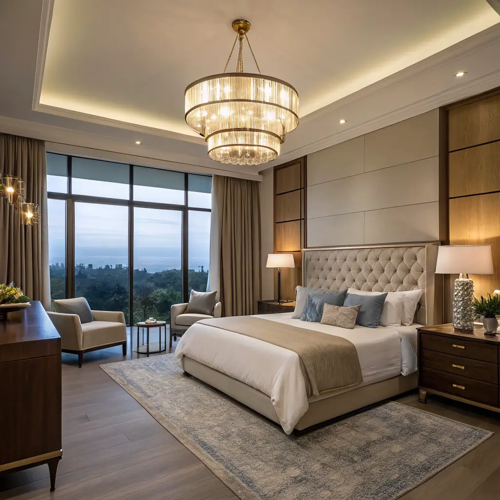 Photorealistic wide shot of a luxurious blue-hour bedroom with brass chandelier over a king bed, walnut nightstands with warm lamps, bouclé chair and floor lamp, sheer linen drapes, and a warm taupe rug in a symmetrical hotel-suite scene.