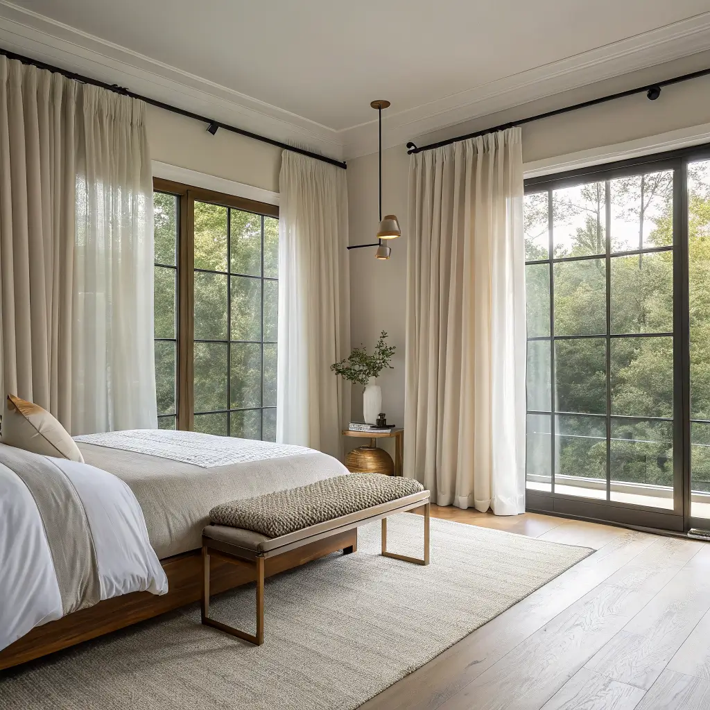Luxurious bedroom window wall with floor-to-ceiling sheer linen curtains and oatmeal blackout drapes on brass rods, bouclé bench below, soft morning light.