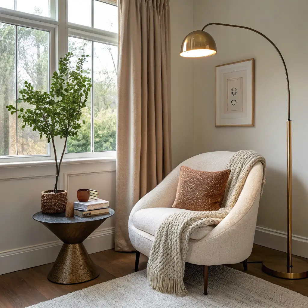 Photorealistic reading nook in a luxurious bedroom with curved bouclé chair, walnut side table with books and candle, brass arc lamp, mohair throw, and olive tree by a window with sheer linen drapes.