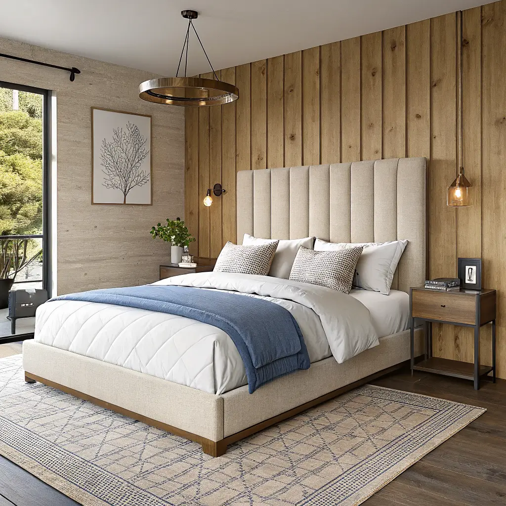 Photorealistic three-quarter overhead view of a hotel-style king bed with bouclé headboard, greige linen duvet, knit taupe throw, matching walnut nightstands with brass lamps, and abstract art above.