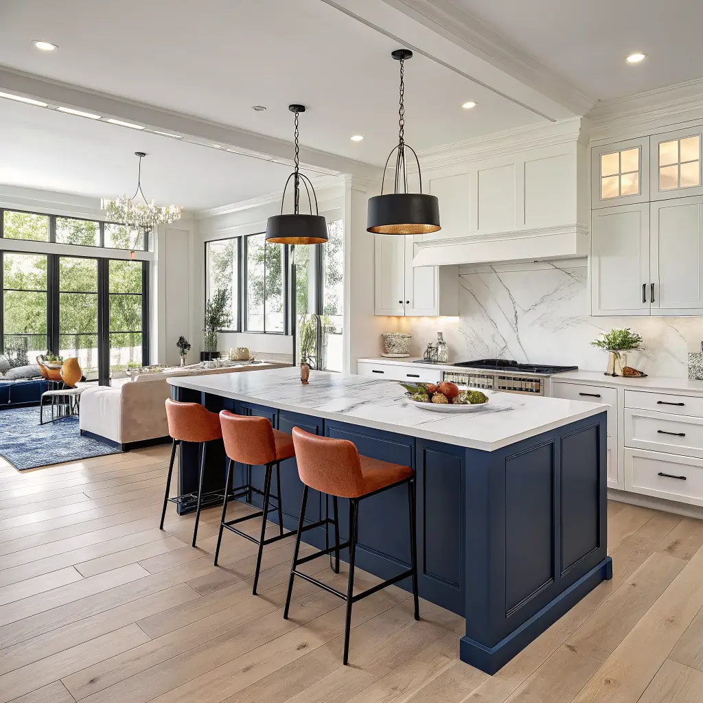 Photorealistic wide-angle view of an open-plan kitchen with a navy waterfall marble island, three rust leather stools, cream cabinets, brass faucet, black pendants, and a cream sofa in the background.