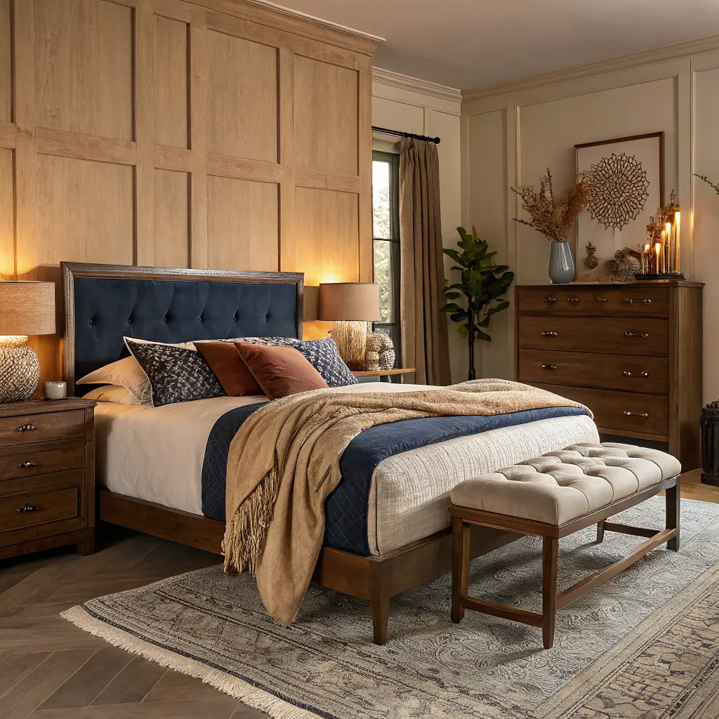 Luxurious bedroom autumn textile swap with ink-blue velvet pillow, taupe mohair throw, bouclé bench holding folded linen quilt, walnut dresser with candle, and warm brass sconce glow.
