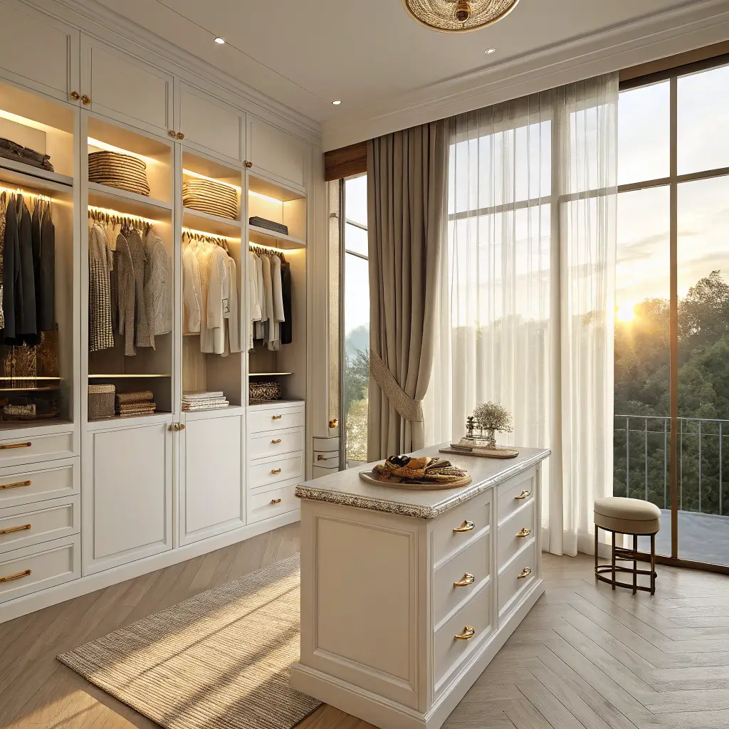 Photorealistic golden-hour view of a luxurious boutique walk-in closet with warm white cabinetry, light oak interiors, glass-front handbag displays, a quartz-topped island, cream runner, and ivory bouclé stool.