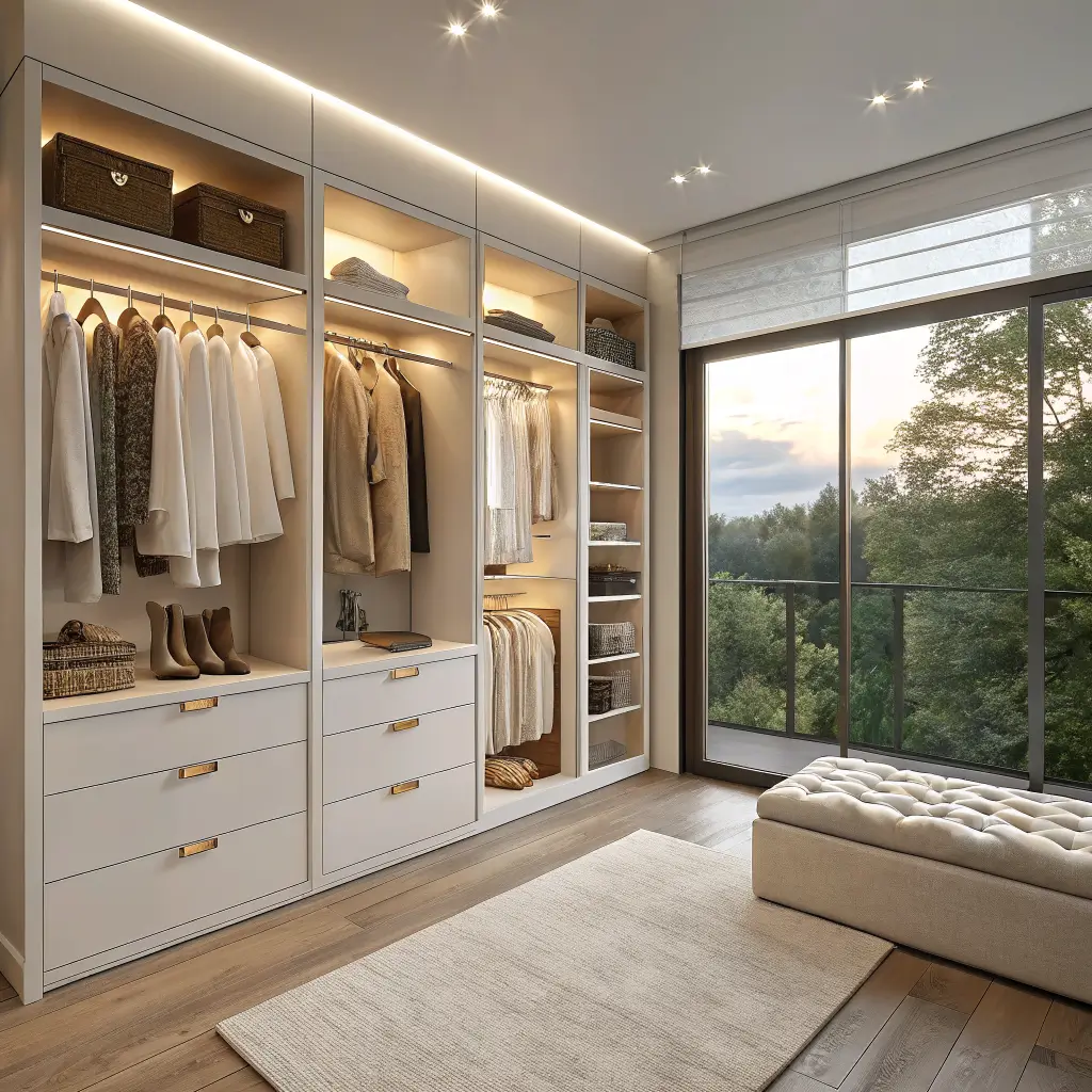 Photorealistic small walk-in closet with warm white IKEA PAX-style cabinetry, glass-lit upper shelves, champagne bronze pulls, leaning full-length mirror, ivory bench, and cream runner in soft daylight.