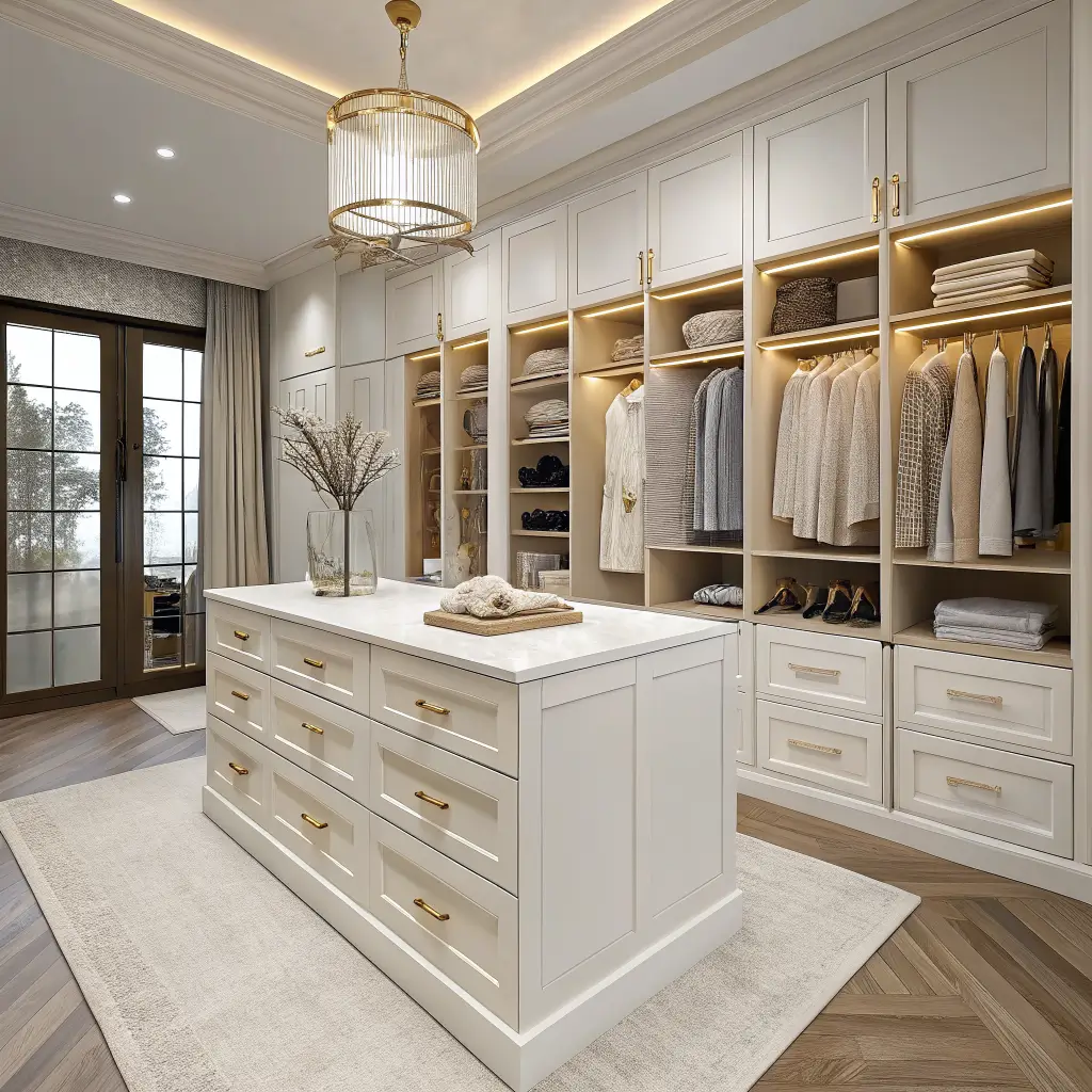 Overhead three-quarter view of a luxe walk-in closet with a narrow white quartz waterfall island, minimal styling on top, and warm white built-ins with oak interiors under soft morning light.