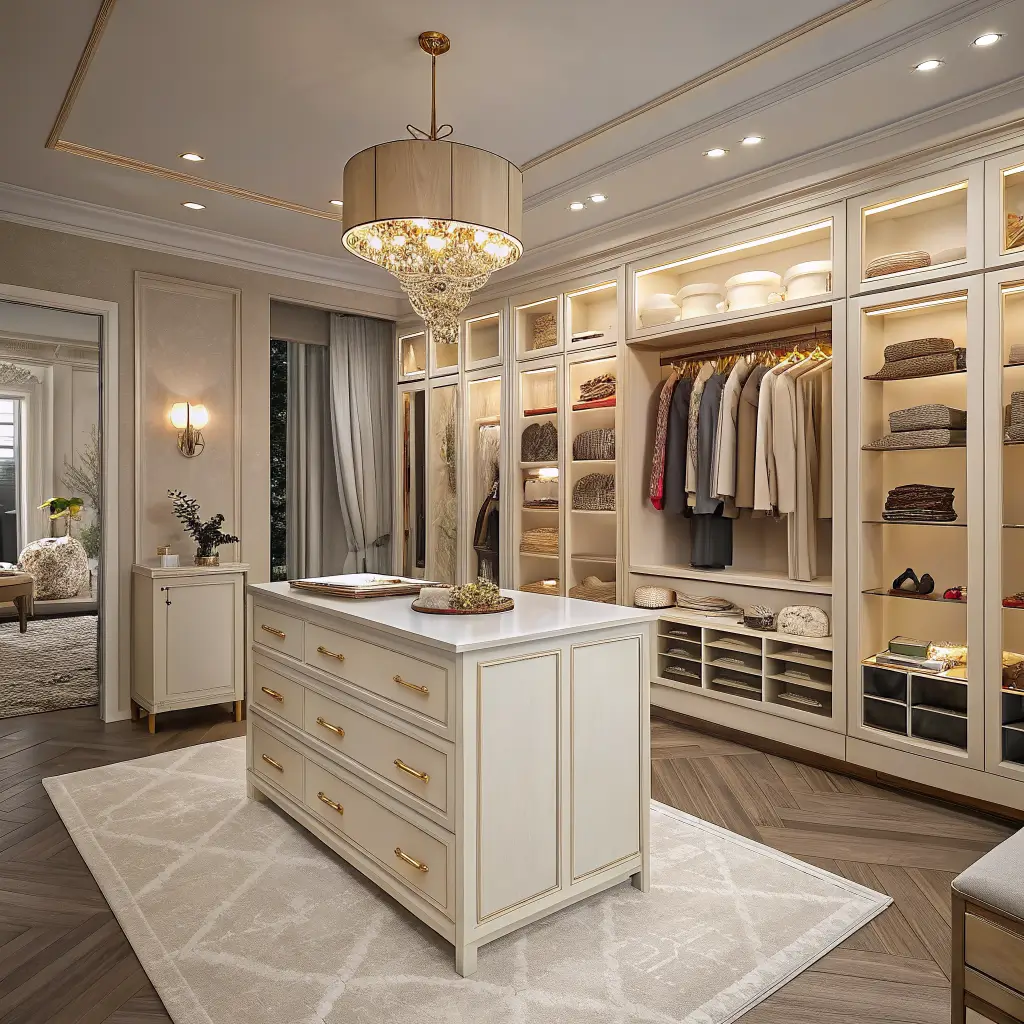 Photorealistic luxury walk-in closet in warm white and light oak with champagne bronze hardware, quartz island, cream runner, color-sorted clothing behind glass, and layered evening lighting in symmetrical one-point perspective.