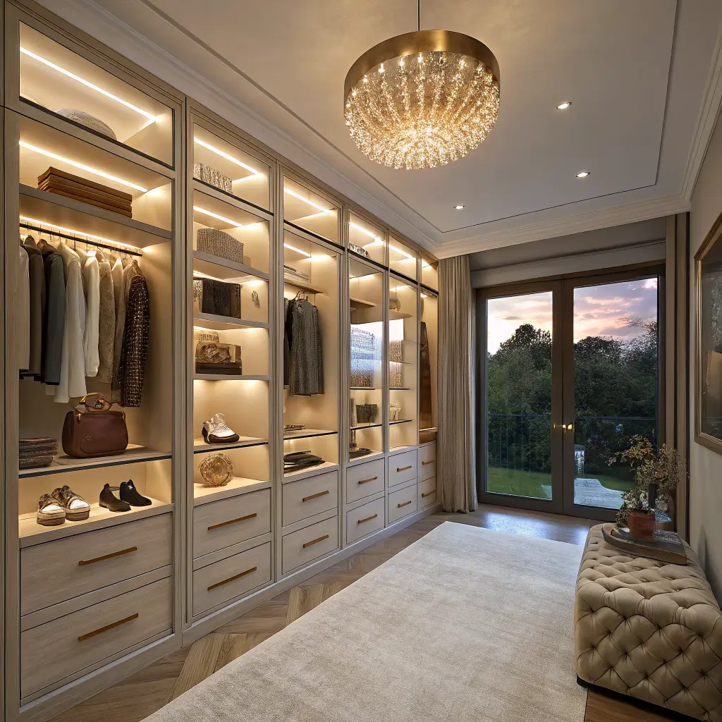 Photorealistic luxury walk-in closet at dusk with warm LED shelf lighting, glowing glass-front cabinets, and a champagne bronze pendant over organized shoes and cashmere.