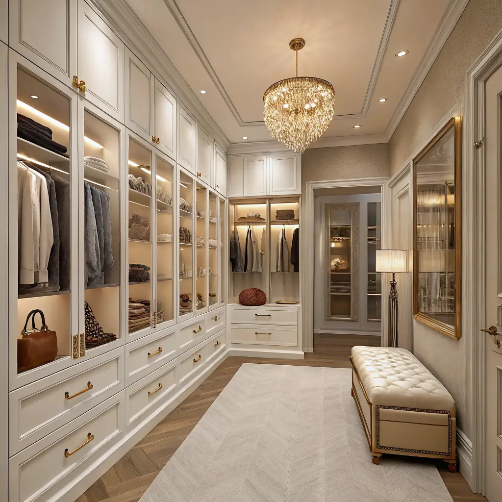 Photorealistic his-and-hers walk-in closet with warm white cabinetry, light oak interiors, bronze pulls, menswear hanging left, handbags and shoe shelves right, ivory bench under mirror, cream runner, viewed symmetrically from doorway.