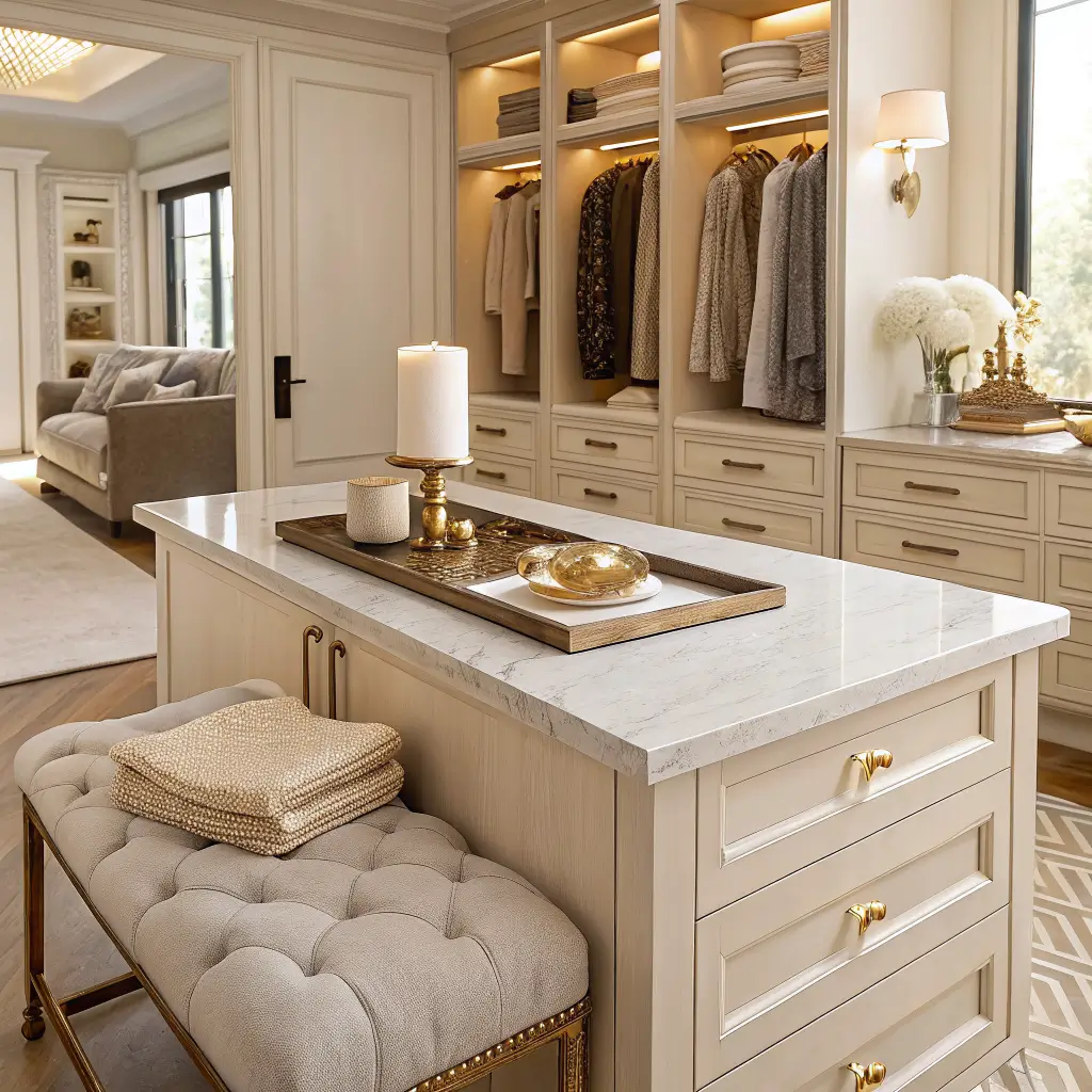 Photorealistic walk-in closet vignette with a quartz-topped island and brass tray holding a silk scarf, gold bracelet, pearl earrings, and ivory candle beside an ivory bouclé ottoman, warm white cabinetry, and backlit handbags in soft afternoon light.