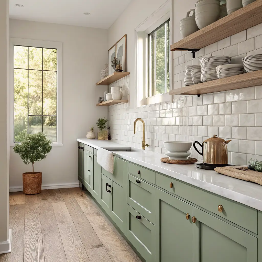 Photorealistic galley kitchen with sage lower cabinets, creamy zellige backsplash, white quartz counter, brass bridge faucet, open oak shelf, olive tree, and mint kettle in bright skylit midday light.