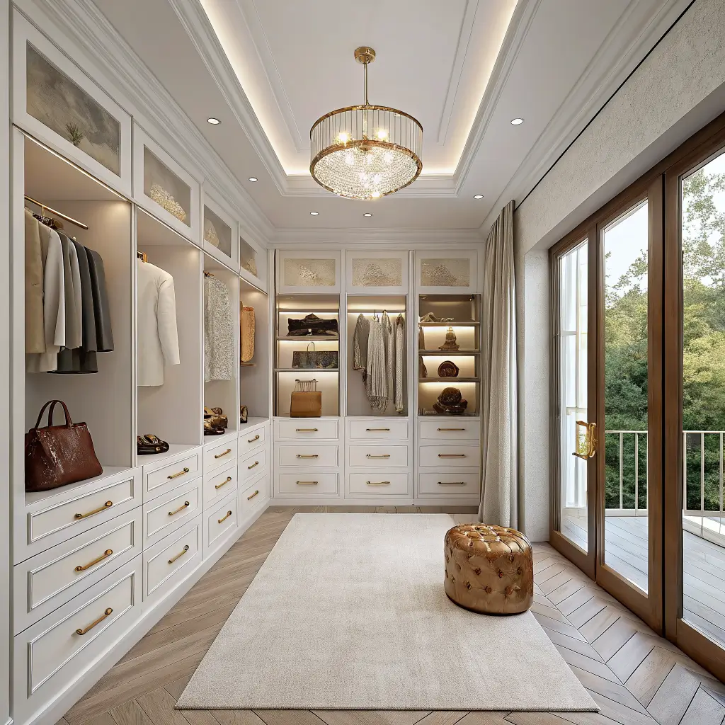Photorealistic luxurious walk-in closet with warm white floor-to-ceiling built-ins, light oak shelving, champagne bronze accents, styled open shelves with spaced handbags and folded knits, quartz island, cream runner, and small bronze pendant in midday light.