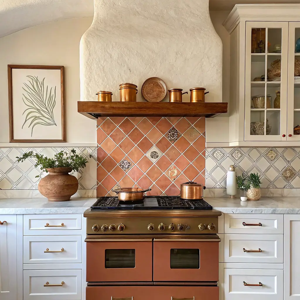 Photorealistic modern kitchen with terracotta zellige tile accent wall behind a freestanding range, cream cabinets, white marble counter, brass pot rail with copper pans, and oak shelf in warm late-afternoon light.
