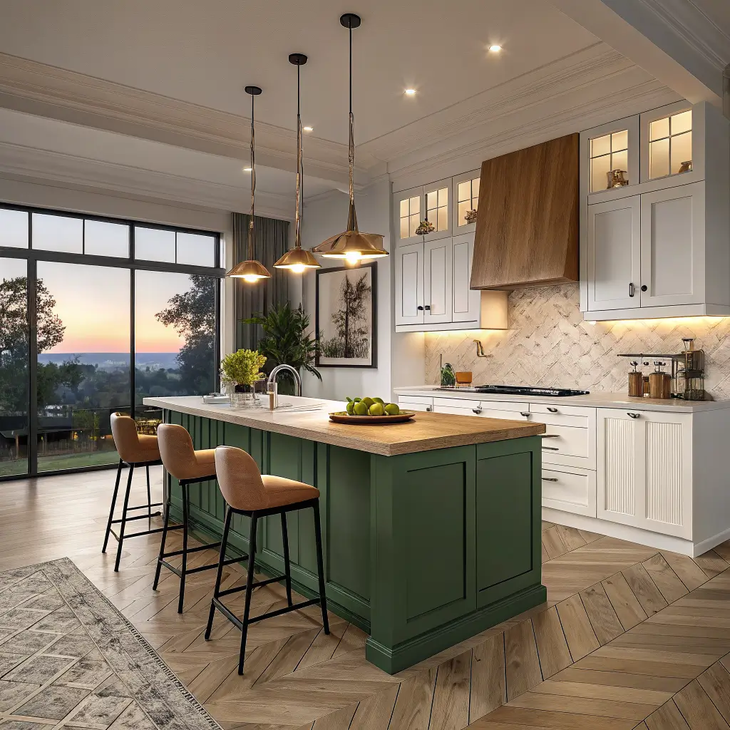 Photorealistic modern kitchen at dusk with a forest green island, butcher block top, mustard pendant lights, cream cabinets, herringbone oak floor, black stools with caramel seats, and pears in a brass bowl.