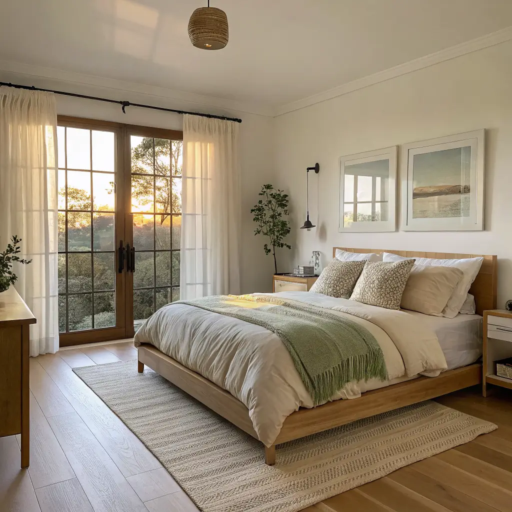Photorealistic small Scandinavian minimalist bedroom with oak platform bed, oatmeal linens, sage and cream pillows, jute rug, and golden hour sunlight through a tall window.