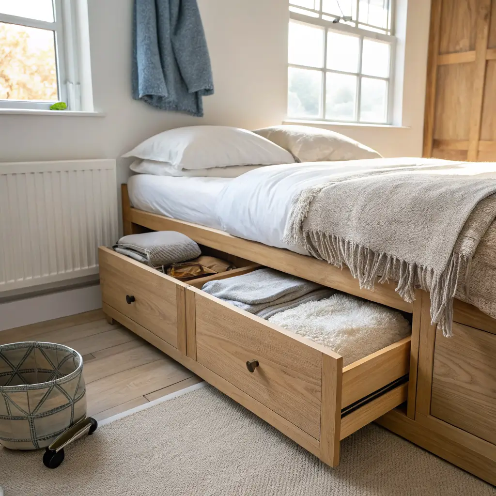 Close-up of a low oak storage bed with a slightly open drawer showing folded linen sheets and a rolled wool blanket in warm morning light.