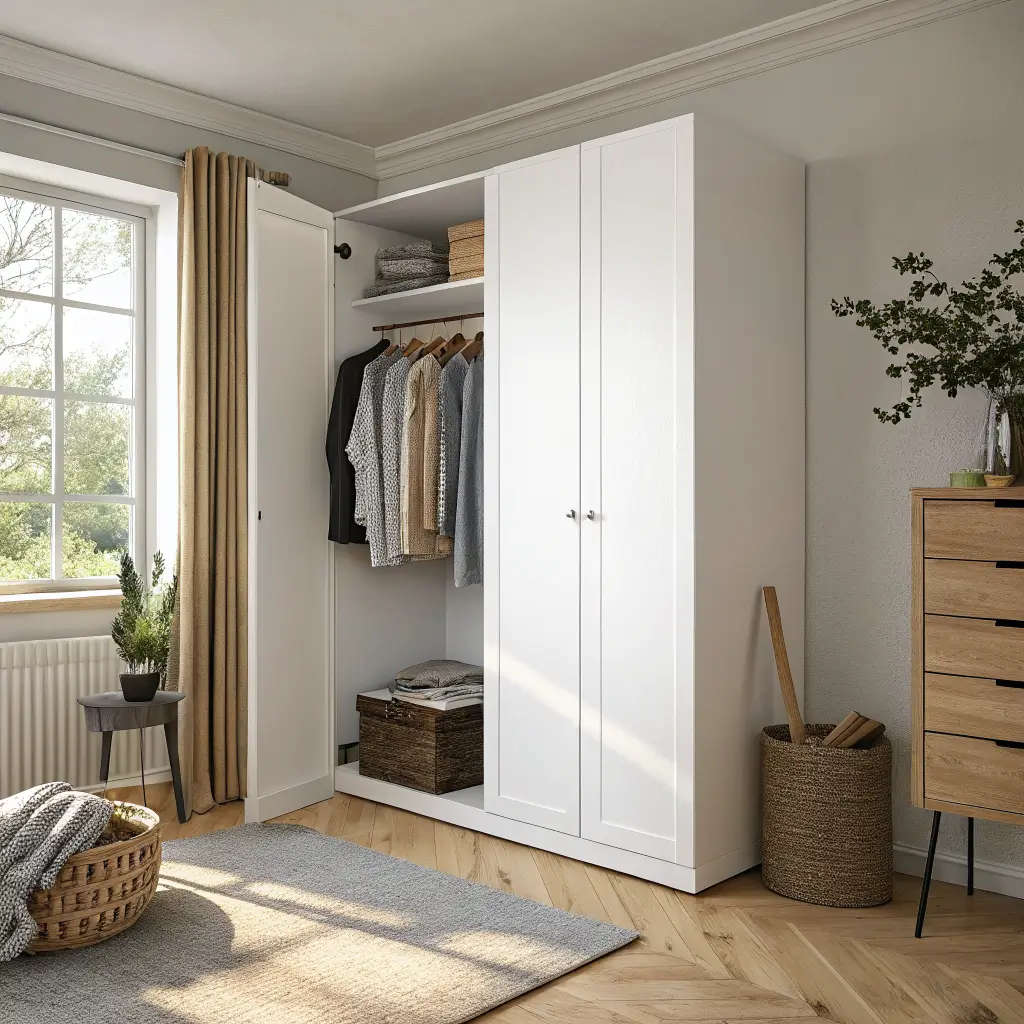 Photorealistic minimalist bedroom corner with a slim white wardrobe slightly ajar, color-sorted clothes on wood hangers, a pipe-style oak and black clothing rail with linen shirts, woven basket of knits on light oak flooring in soft late-morning light.