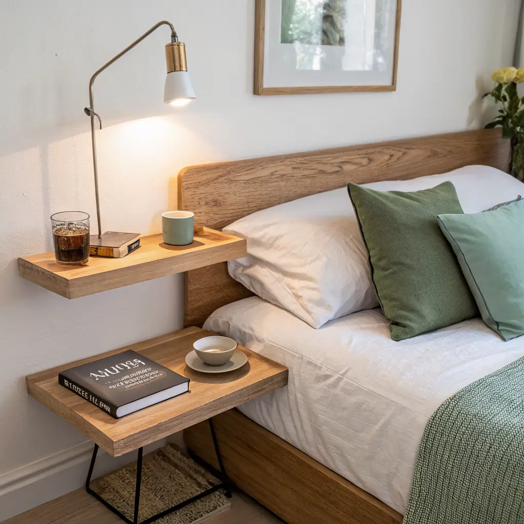 Floating oak shelf above a low platform bed with linen and sage pillows, holding a book, mug, and softly glowing ceramic lamp in a cozy Scandinavian bedroom at dusk.