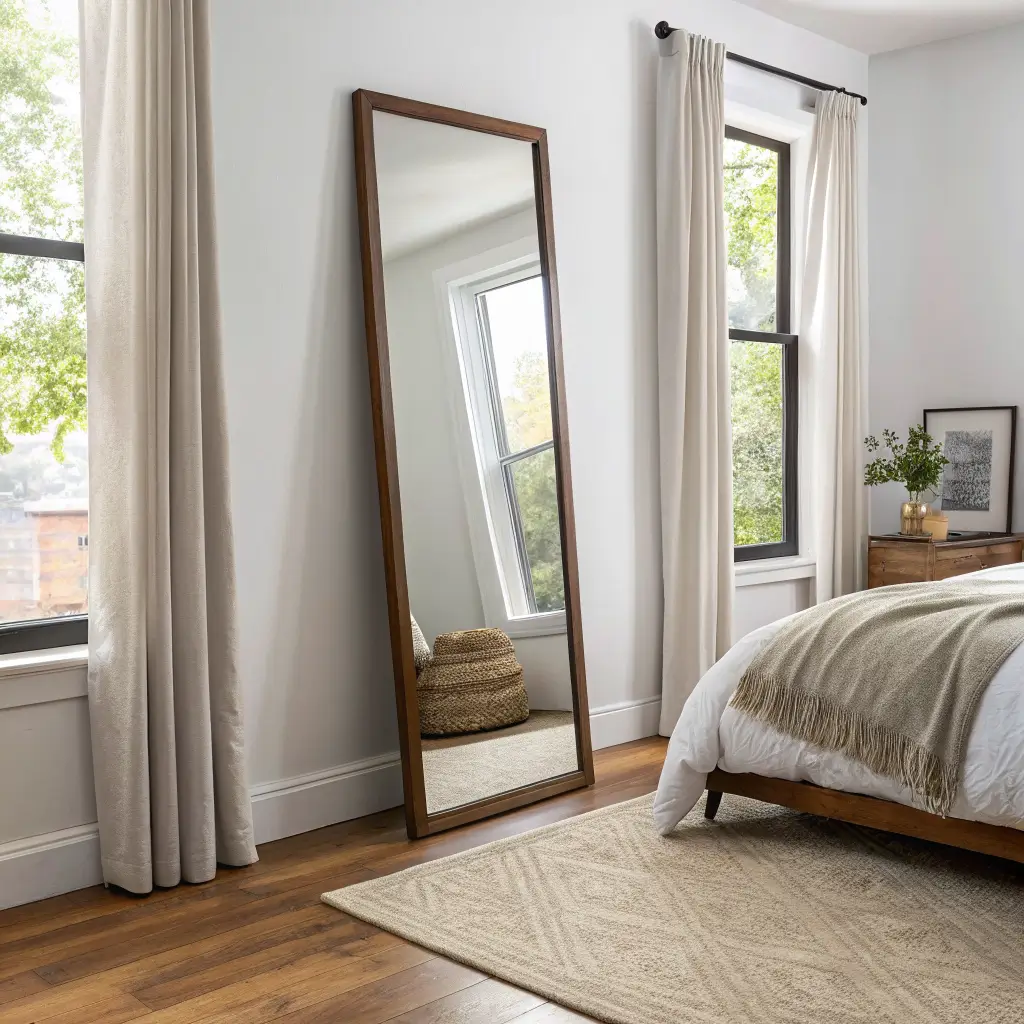 Photorealistic small bedroom with a tall thin-framed leaning mirror reflecting a sunlit window with linen curtains, light oak floor, warm white walls, and a low oak bed with oatmeal bedding.