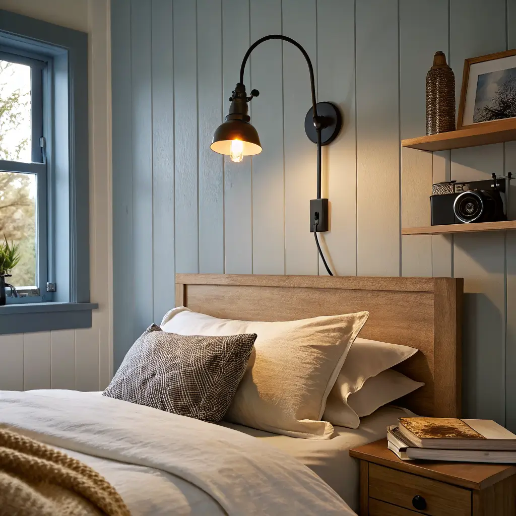 Matte black plug-in wall sconce glowing above a low oak bed with oat linen pillow, folded sage throw, and small oak shelf, with twilight window beyond.
