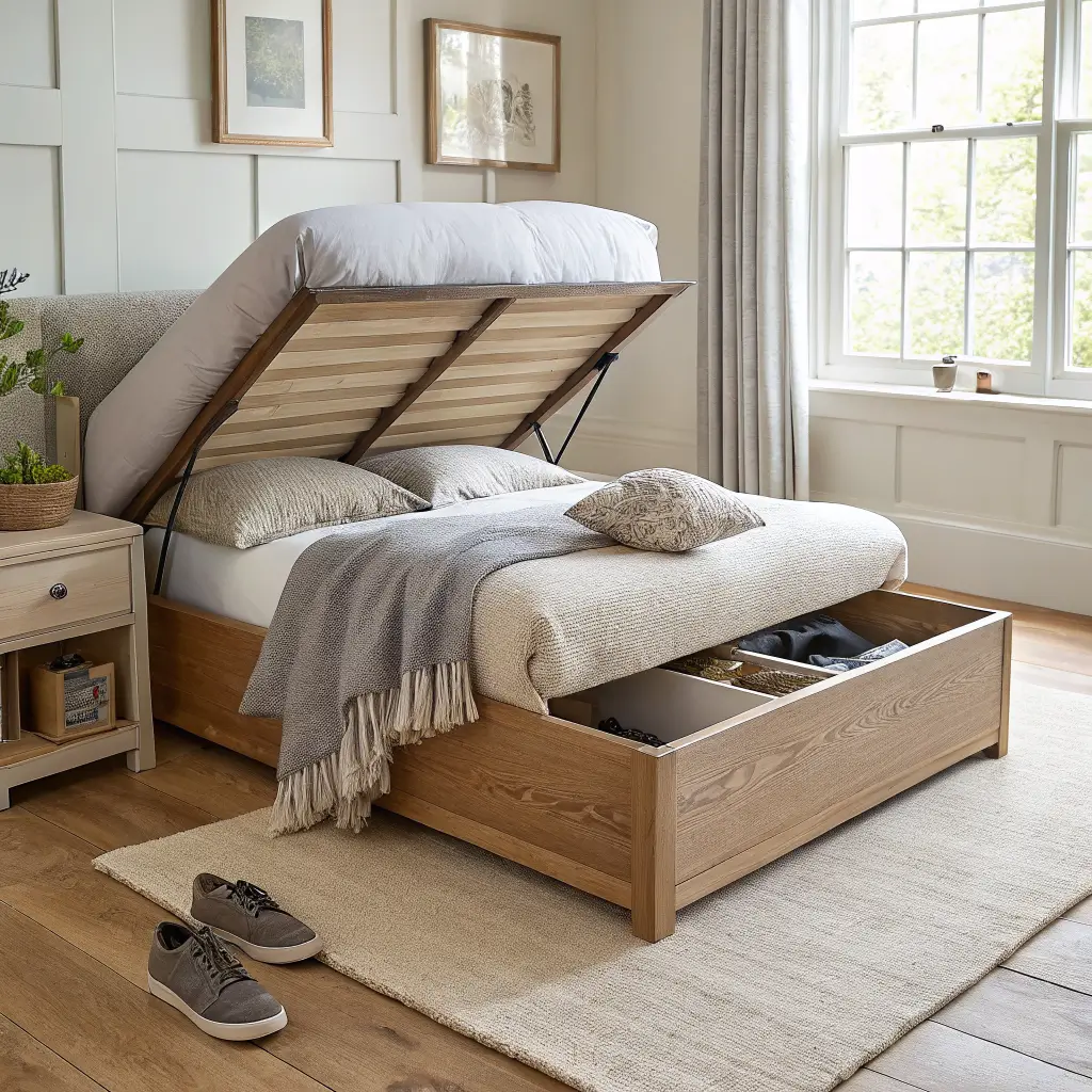 Photorealistic low-angle view of an oak bed foot with a slim oak and linen storage ottoman slightly open, pillows and wool blanket inside, leather slippers on light oak floor, warm white minimalist bedroom in soft afternoon light.