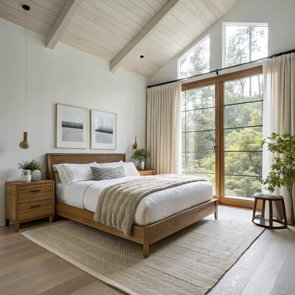 Wide-angle photorealistic view of a small Scandinavian 9x9 bedroom with a low oak platform bed under a tall window with linen curtains, light oak floor, jute rug, small stool, and framed botanical art in bright midday light.
