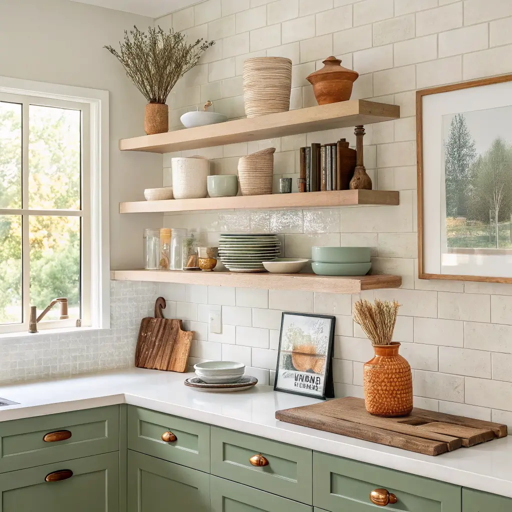 Overhead three-quarter view of modern kitchen open shelves with cream stoneware, ribbed glassware, terracotta vase, abstract print, sage Shaker cabinets, brass knobs, quartz counter, cutting board, and pastel green kettle in soft window light.